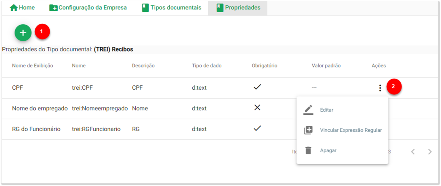 Lista de propriedades de tipos documentais